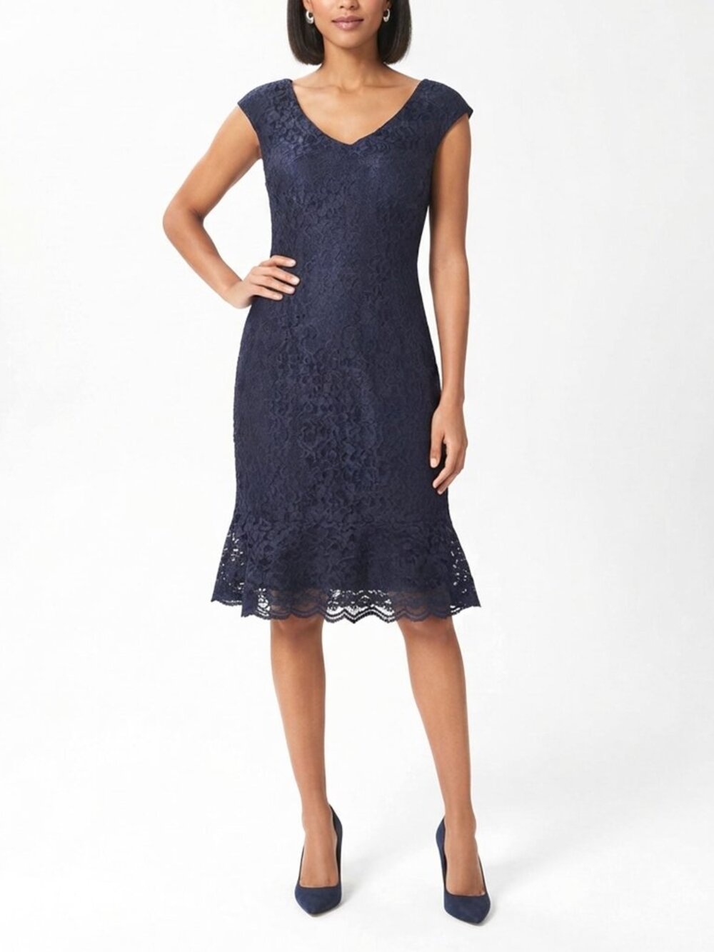 American Living Navy Blue Lace Cocktail Dress V-Scoop Ruffle Hem Size 10